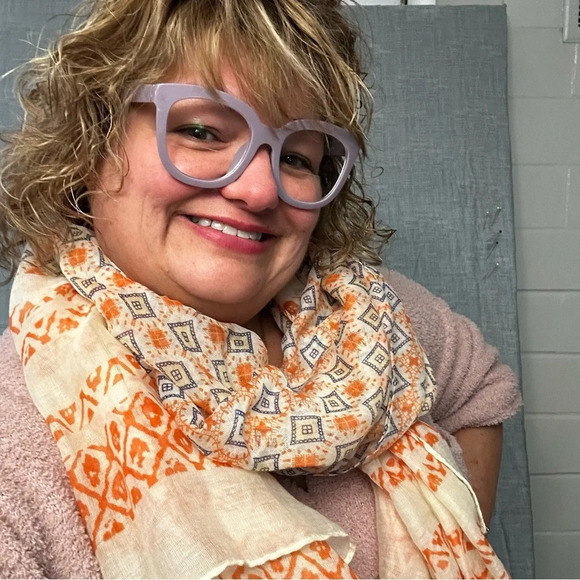 Lulla gauze extra larger scarf orange beige and blue measures 34ish” by 70ish - Picture 11 of 12